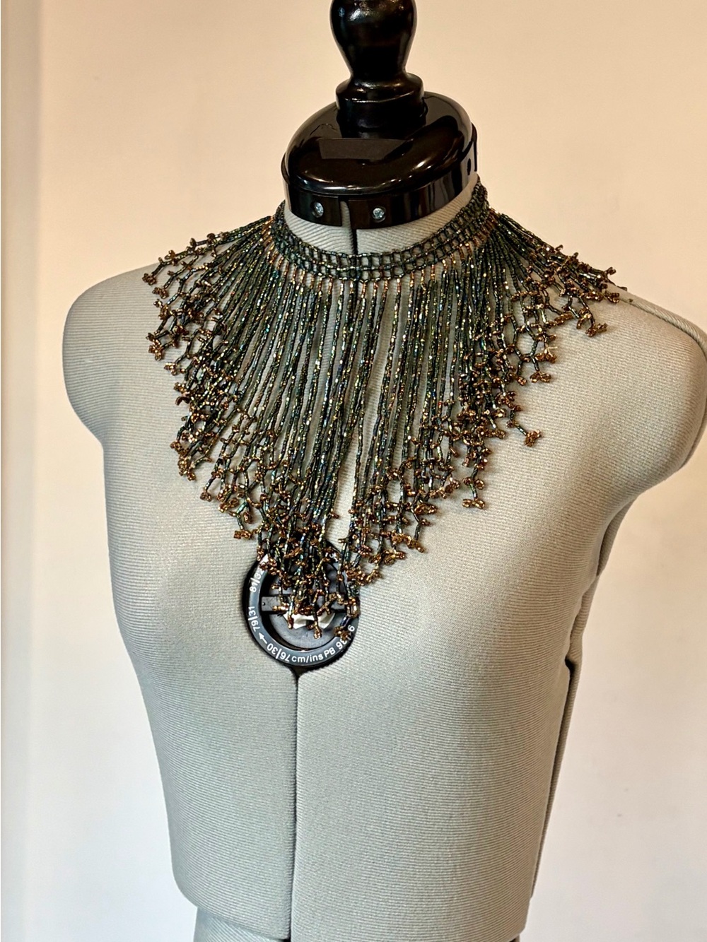 Handcrafted Iridescent Beaded Fringe Collar Necklace, green/gold, EUC - Picture 12 of 12